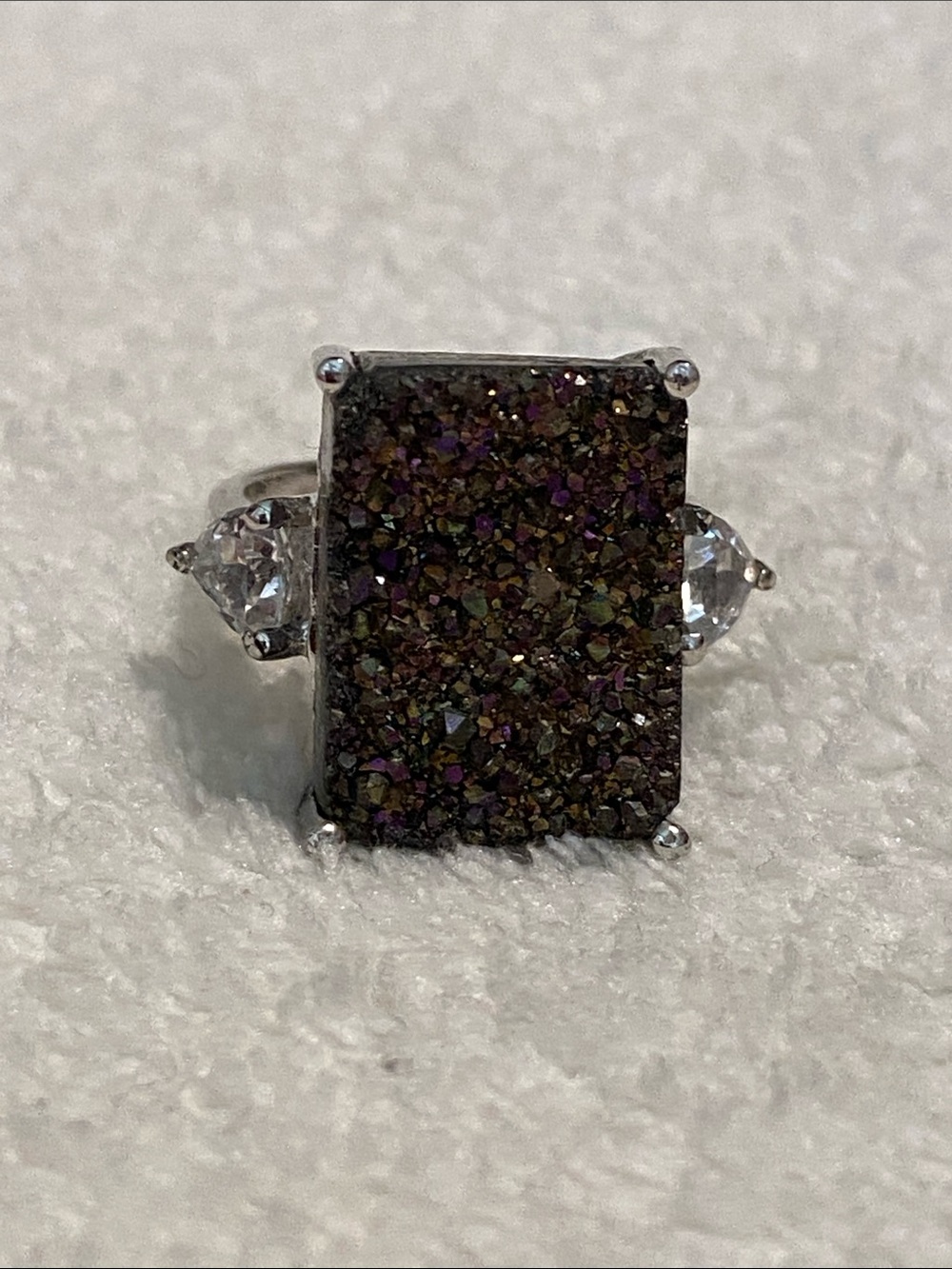 Sterling Silver 925 Rectangular Druzy cz Statement Ring